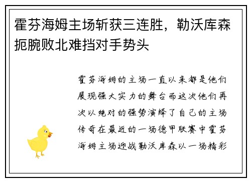 霍芬海姆主场斩获三连胜，勒沃库森扼腕败北难挡对手势头