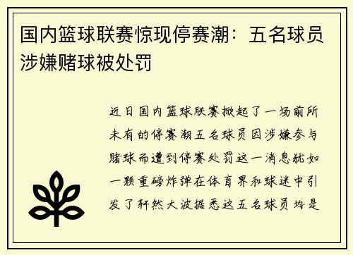 国内篮球联赛惊现停赛潮：五名球员涉嫌赌球被处罚