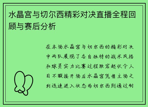 水晶宫与切尔西精彩对决直播全程回顾与赛后分析