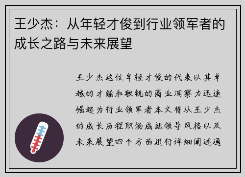 王少杰：从年轻才俊到行业领军者的成长之路与未来展望