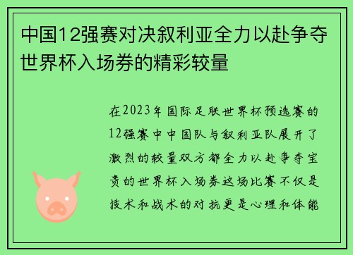 中国12强赛对决叙利亚全力以赴争夺世界杯入场券的精彩较量