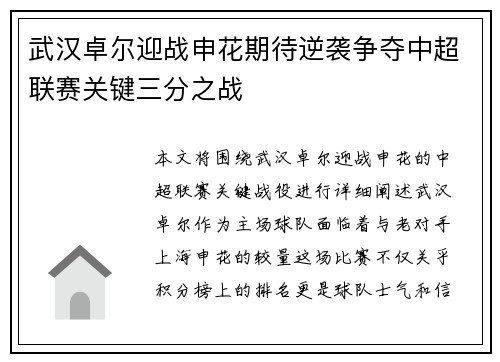 武汉卓尔迎战申花期待逆袭争夺中超联赛关键三分之战