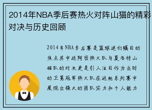 2014年NBA季后赛热火对阵山猫的精彩对决与历史回顾