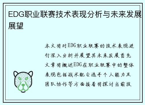 EDG职业联赛技术表现分析与未来发展展望