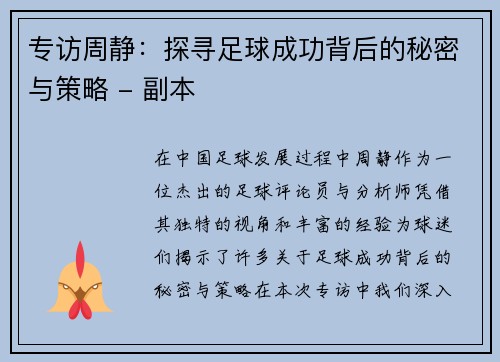 专访周静：探寻足球成功背后的秘密与策略 - 副本